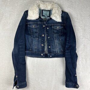 GUESS Denim Cropped Jean Jacket Women’s Size Large Faux Fur Collar Dark Blue